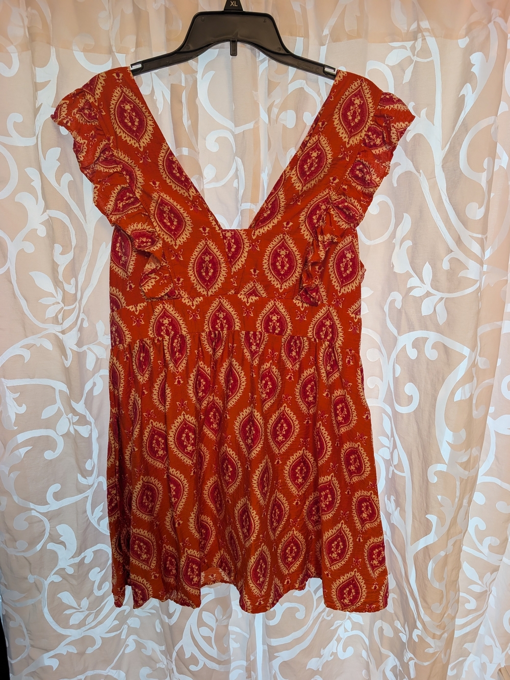 Cupshe Rust Paisley Ruffle V-Neck Mini Dress